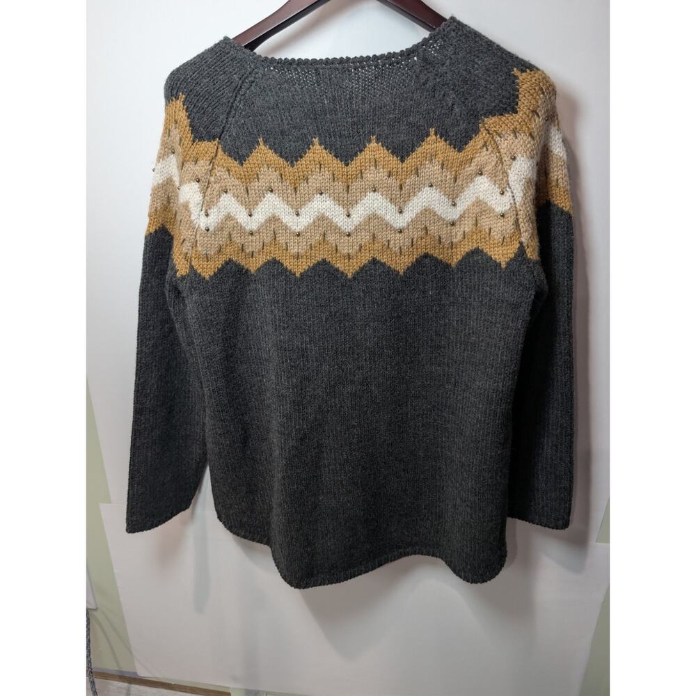 J. Jill Large Gray Brown Wool Knit Sweater Long Sleeve Crew Neck Embellished L - Picture 7 of 14